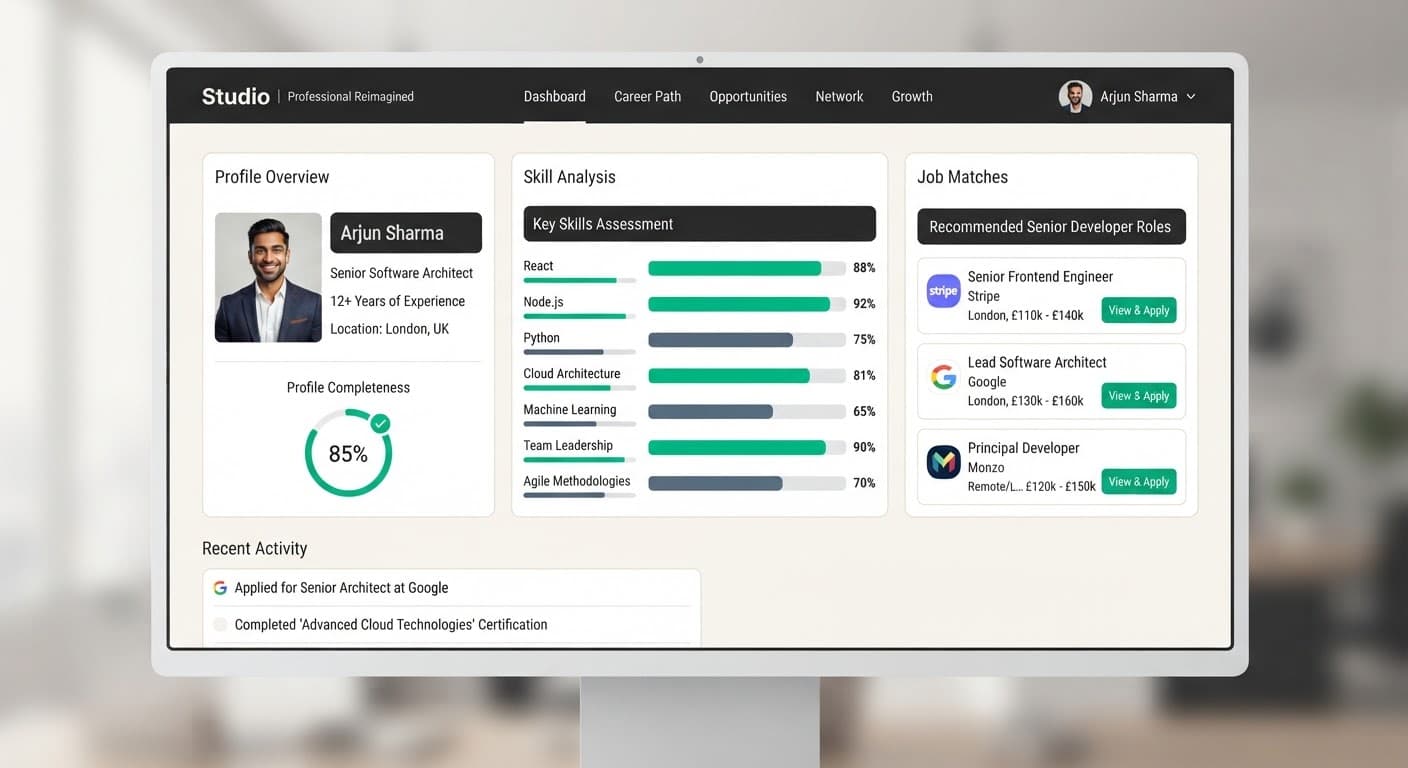Professional UI dashboard of a career platform